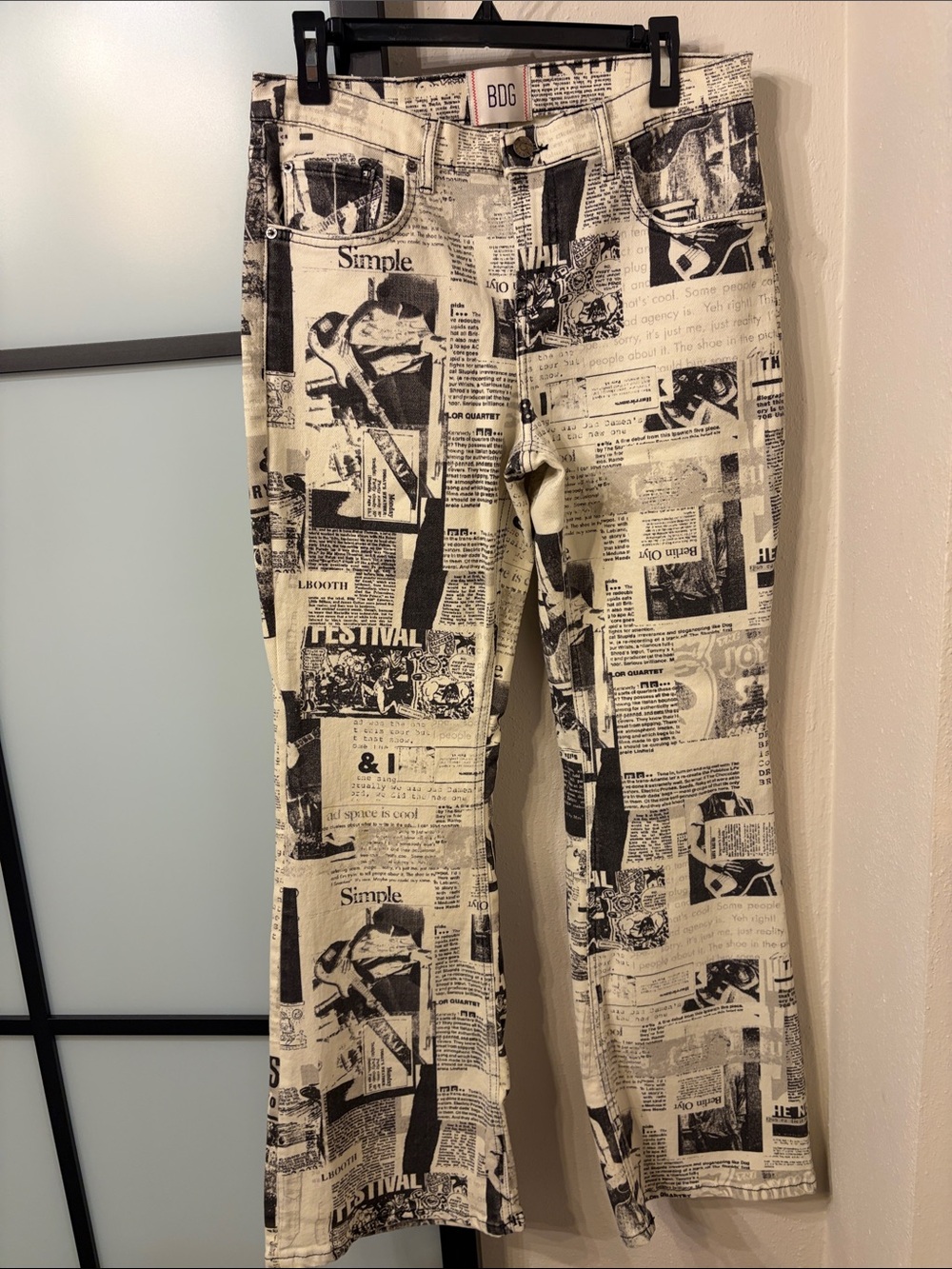 BDG Cream and Black Newspaper Print Flare Jeans